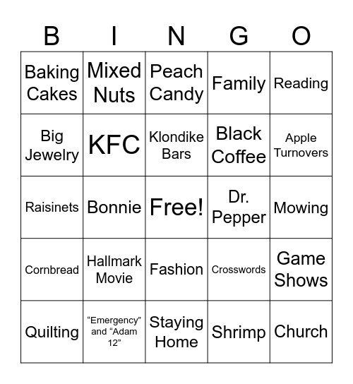 Jessie's Favorite Things Bingo Card