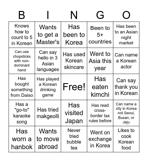 Asia/Korea Bingo Card