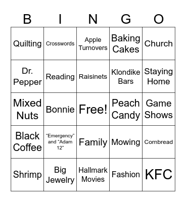 Jessie's Favorite Things Bingo Card