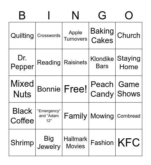 Jessie's Favorite Things Bingo Card
