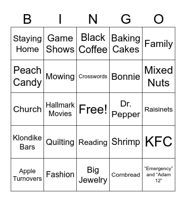 Jessie's Favorite Things Bingo Card