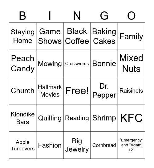 Jessie's Favorite Things Bingo Card