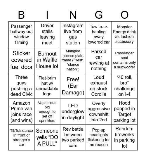 Orlando Import Tuners Show Bingo Card