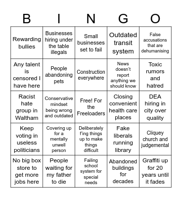 Weird Waltham Bingo Card