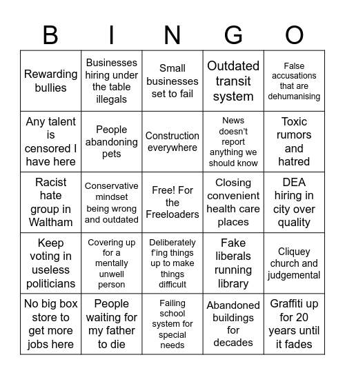 Weird Waltham Bingo Card