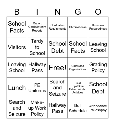 1st Day Bingo Card