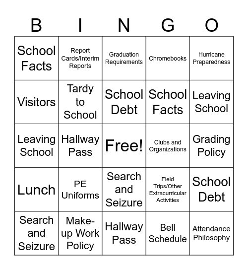 1st Day Bingo Card