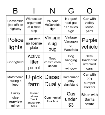 ROAD TRIP BINGO Card