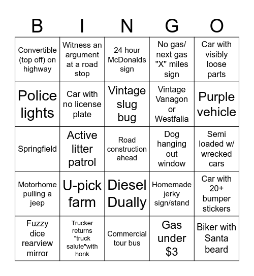 ROAD TRIP BINGO Card