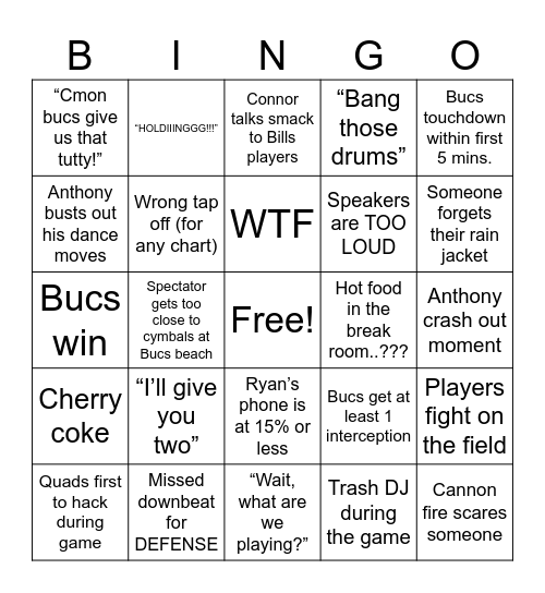 Bucs vs Bills 8/23/25 Bingo Card