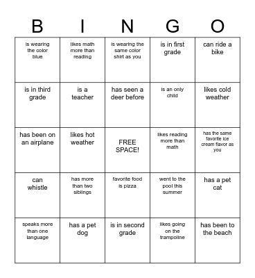 Classmate Bingo! Bingo Card