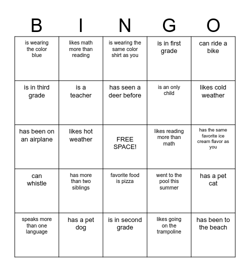 Classmate Bingo! Bingo Card