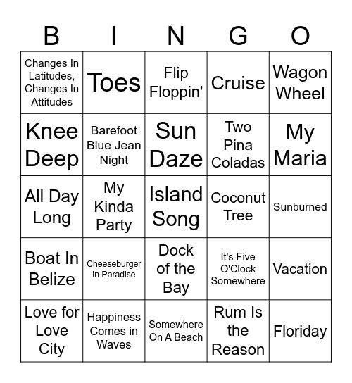 Tropical Country Hits Bingo Card