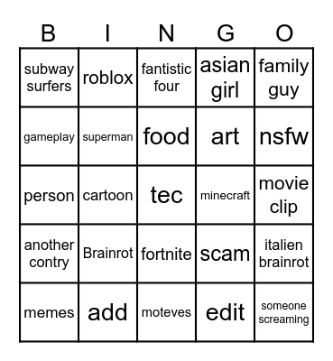 yt shorts Bingo Card