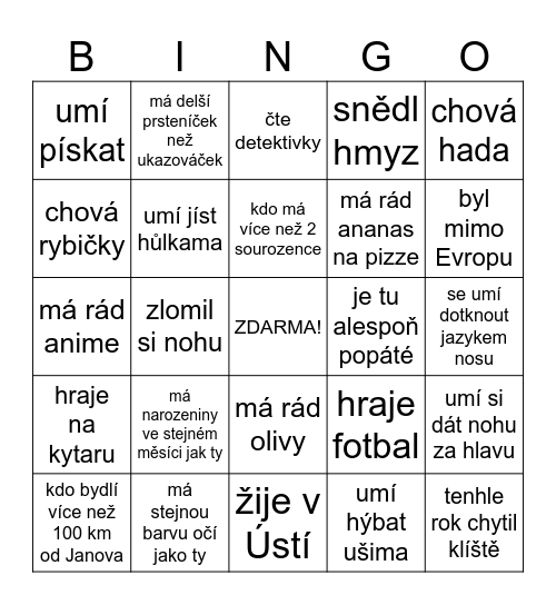 Seznamovací Bingo Card