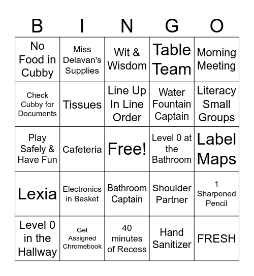 Miss Delavan's Procedures and Expectations Bingo Card