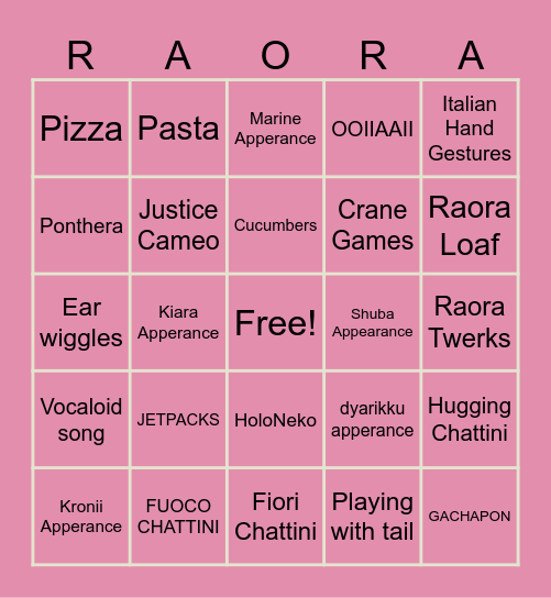 RAORA'S CANVAS 3D BINGO Card