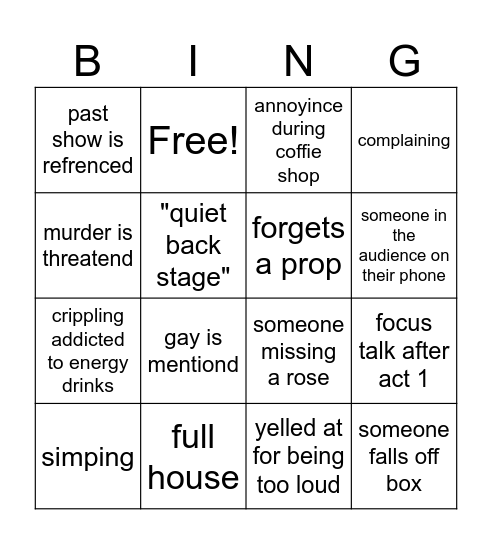 backstage bingo Card