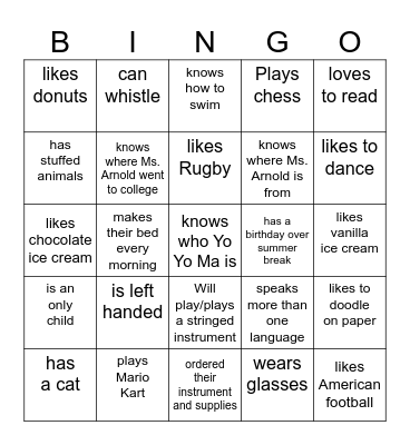 Melillo Orchestra make a friend bingo Card
