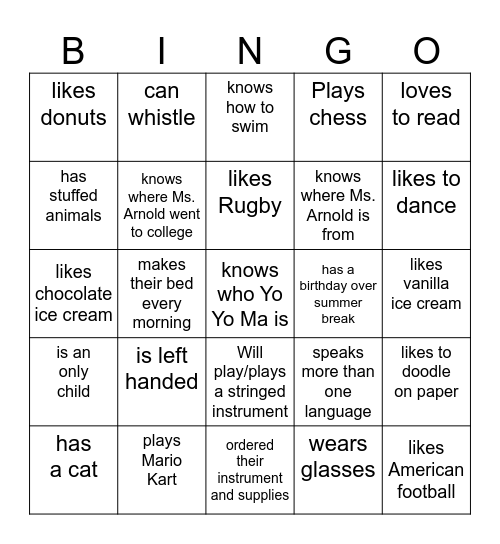 Melillo Orchestra make a friend bingo Card