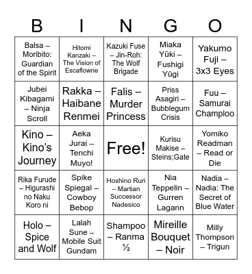 Anime Bingo Card