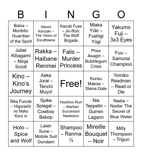 Anime Bingo Card