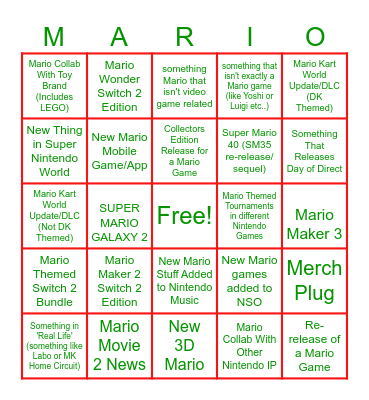 Mario 40th Anniversary Bingo Card