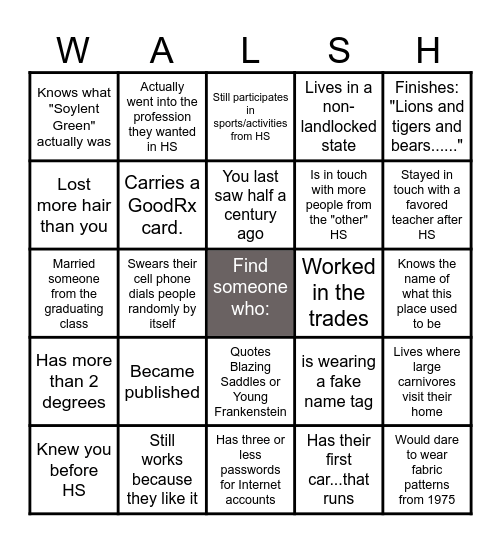 KW/NC 50th Reunion Bingo Card