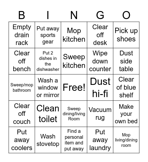 House Cleaning Bingo Card