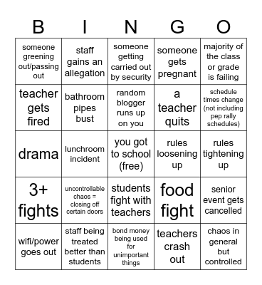 Events this School Year Bingo Card