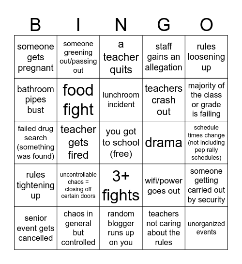 Events this School Year Bingo Card