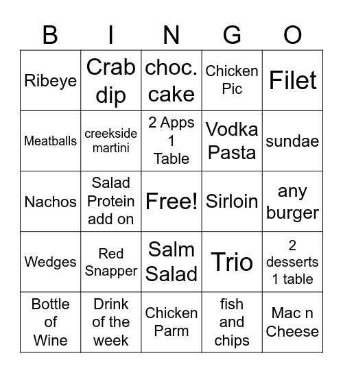 Creekside Bingo Card