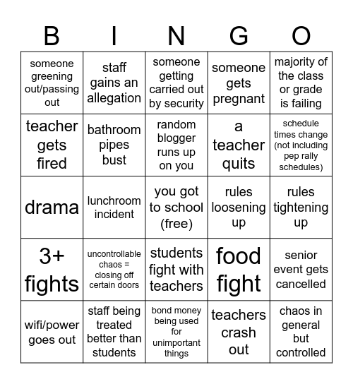Events this School Year Bingo Card