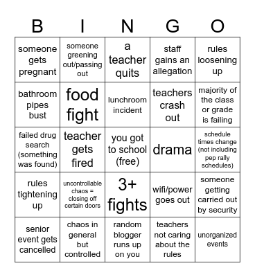 Events this School Year Bingo Card