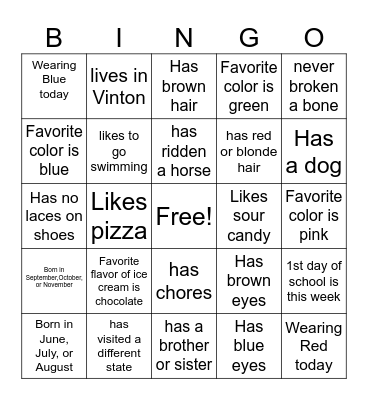 Sunday School Bingo Card