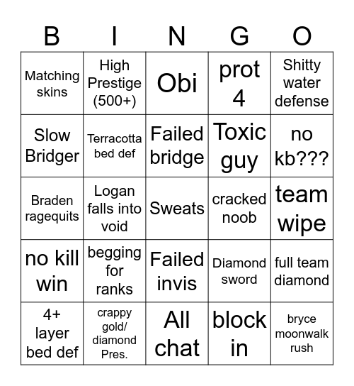 Bedwars Bingo Card
