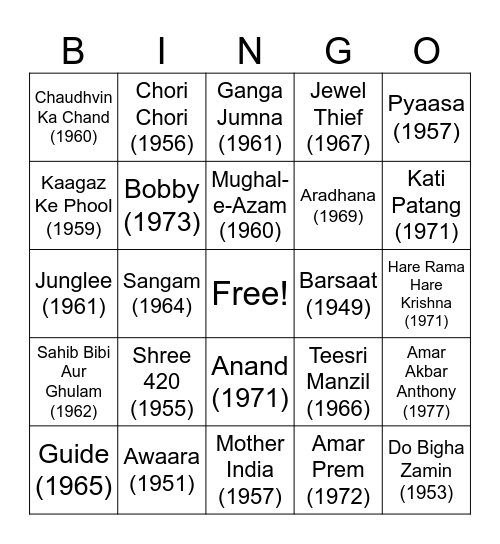 Vintage Bollywood Bingo Card