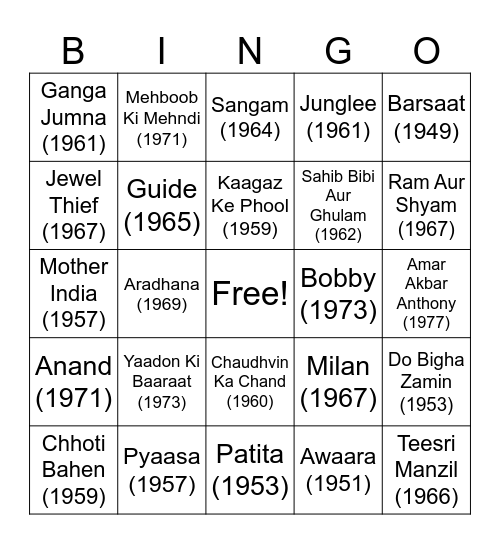 Vintage Bollywood Bingo Card