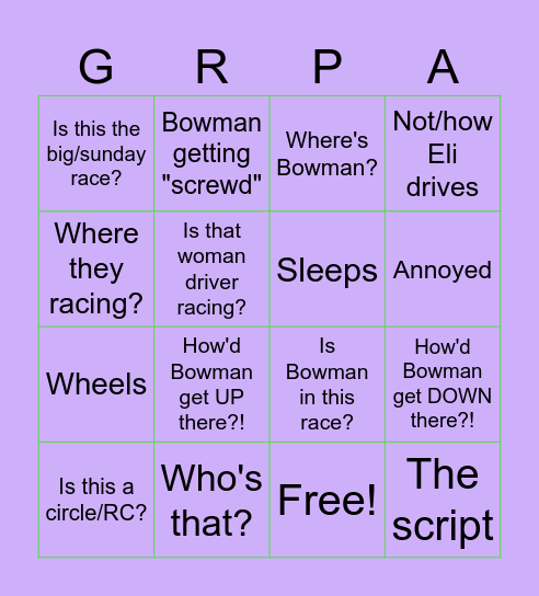 GRPA NASCAR Bingo Card