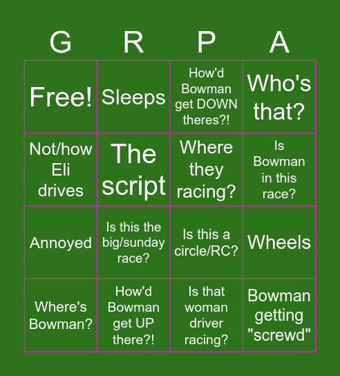 GRPA NASCAR Bingo Card