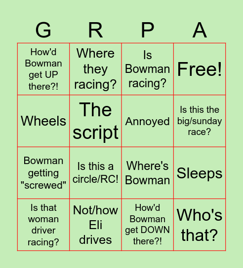 GRPA NASCAR Bingo Card