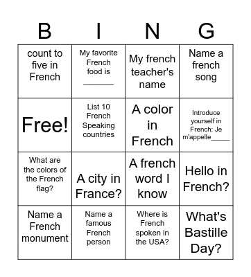 French Bingo! Bingo Card