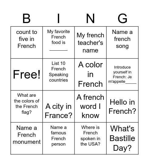 French Bingo! Bingo Card
