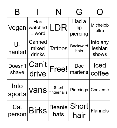 Lesbian Bingo Card