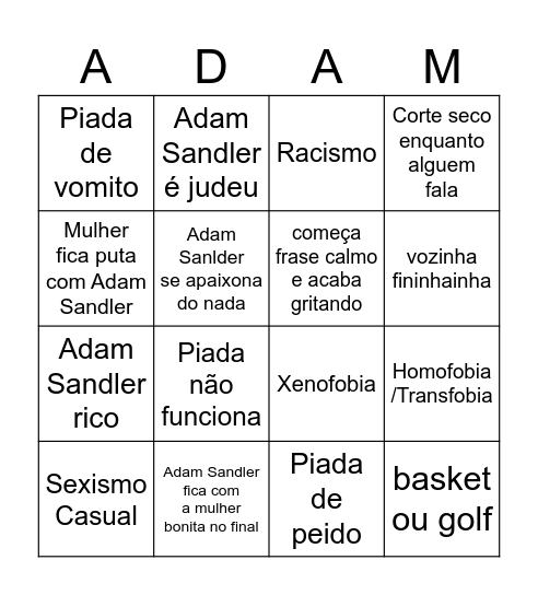 Adam Sandler Bingo Card