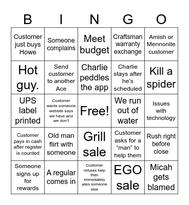 Ace Hardware Bingo Card