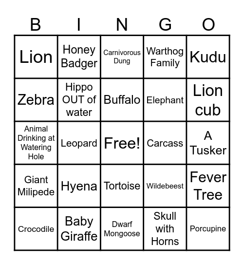 Kruger Bingo 2026 Bingo Card