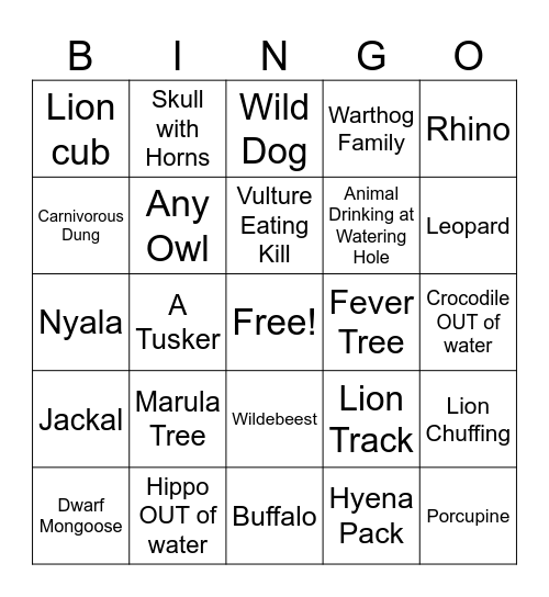 Kruger Bingo 2026 Bingo Card
