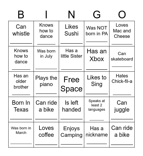 YOUTH HUMAN BINGO Card