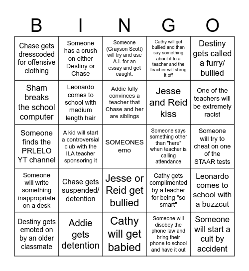 School Bingo Card